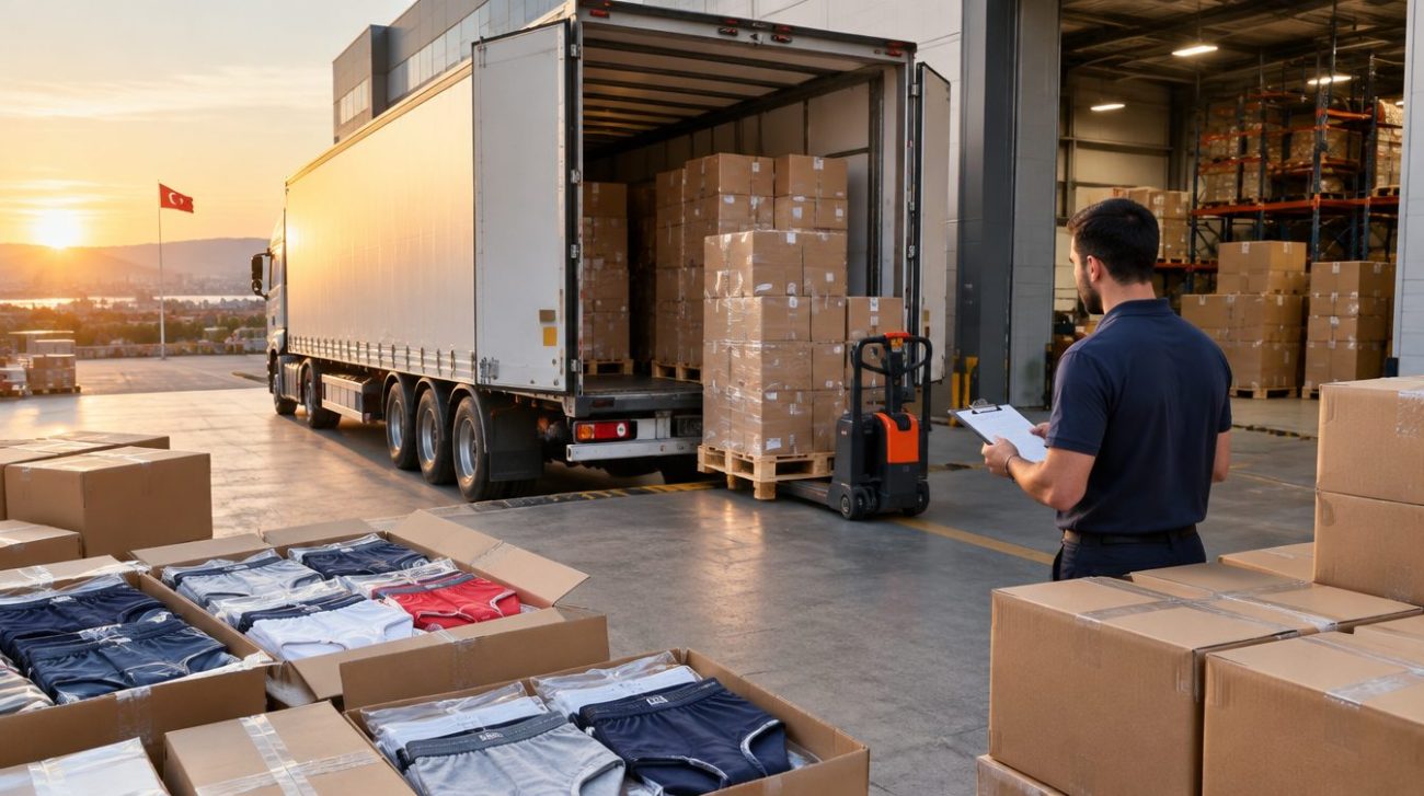 Balkan underwear supplier loading underwear cartons onto a truck in Turkey