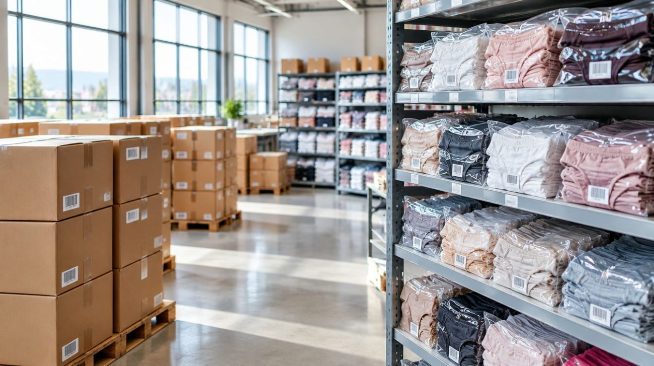 Wholesale underwear from Turkey: packed export cartons in a Turkish factory warehouse